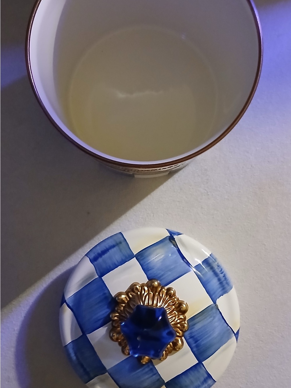 MacKenzie-Childs Blue and White Checked Ceramic with Brass Plaque - Picture 8 of 8